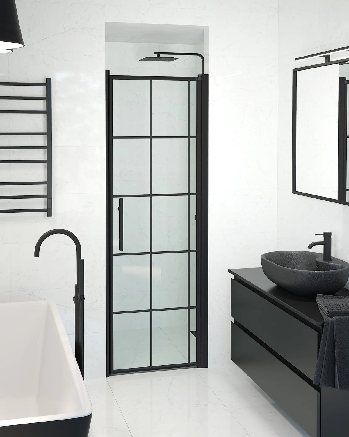 Vänern Niche Duschdörr, Klarglas med Spröjs, Svart Profil